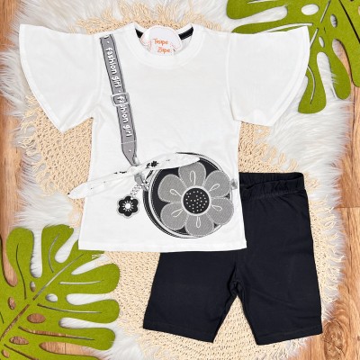 Conj. Blusão Fashion Girl e Bermuda - Off White e Preto
